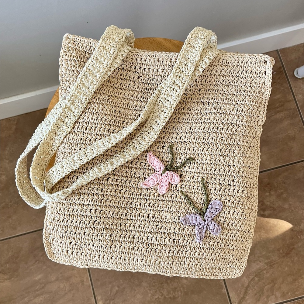 East West Boho Woven Cream Bag (100% paper) Butterfly Design-granola coastal